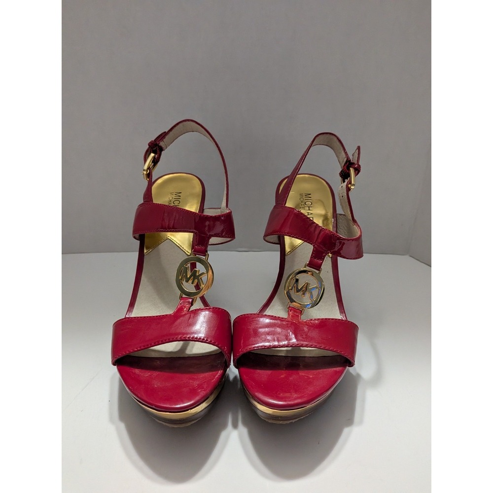 Michael Kors Red Patent Leather MK Logo T-Strap Platform Sandals Heels 8M